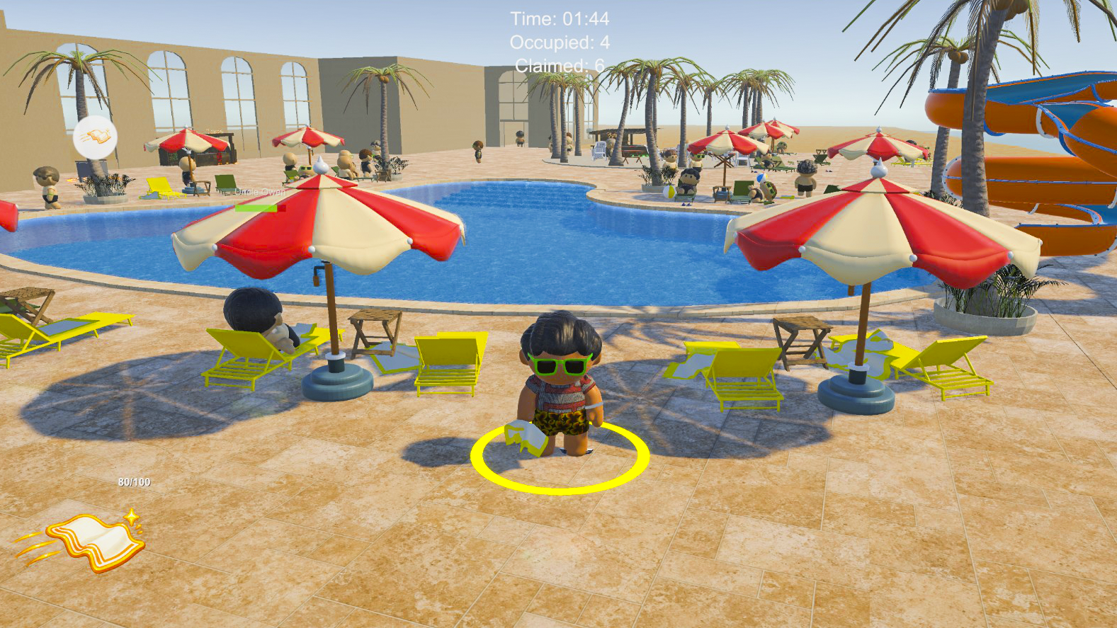 Holiday guests racing for an empty chair while towels fly across a pool
