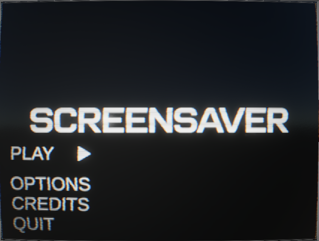 The SCREENSAVER game menu shown through a CRT-style display